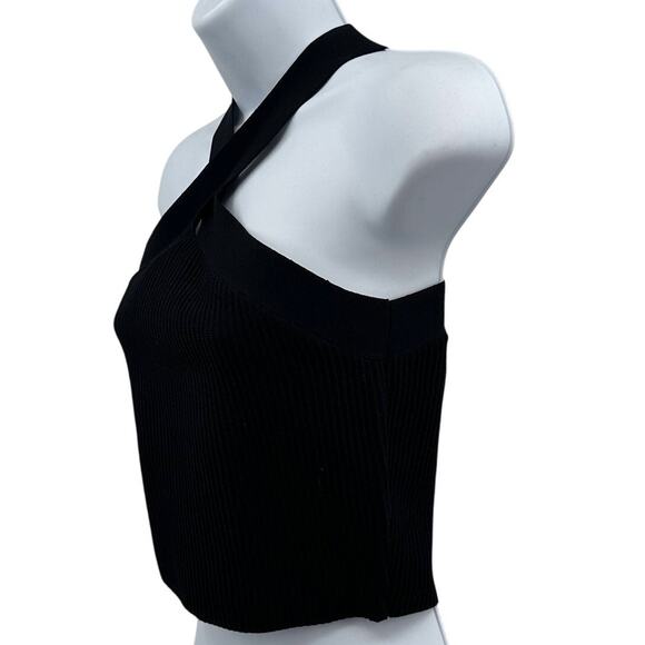 Sincerely Jules Criss Cross Halter Cropped Top WMNS M Black Ribbed Knit Stretch - Picture 5 of 8